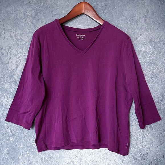 Liz Claiborne 3/4 Sleeve V-Neck Pima Cotton Top, Purple, 2X - Picture 1 of 3